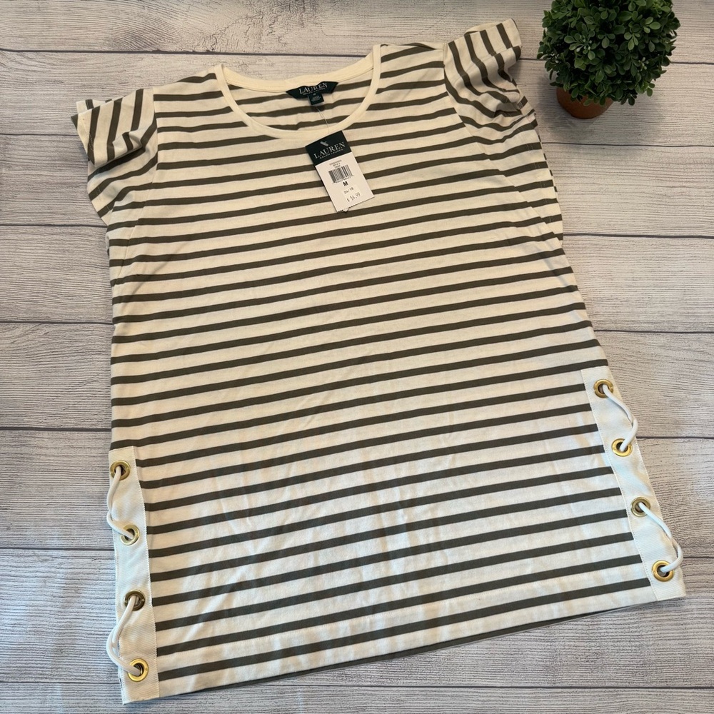 Ralph Lauren Cream and Olive Striped Short Sleeve Tee